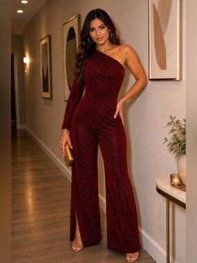 One-Shoulder Red Velvet Jumpsuit